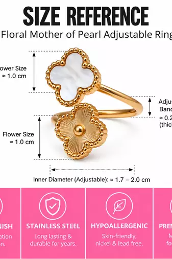 Anti-tarnish, hypoallergenic, open band design, mirror polish finish floral mother of pearl adjustable