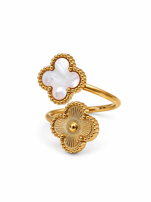 Anti-tarnish, hypoallergenic, open band design, mirror polish finish floral mother of pearl adjustable 5