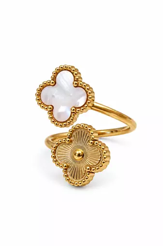 Anti-tarnish, hypoallergenic, open band design, mirror polish finish floral mother of pearl adjustable