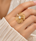 Anti-tarnish, hypoallergenic, filigree flower design band adjustable finger ring