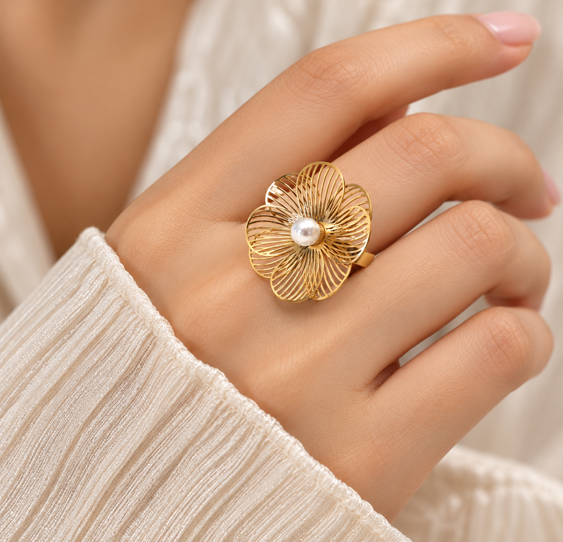 Anti-tarnish, hypoallergenic, filigree flower design band adjustable finger ring