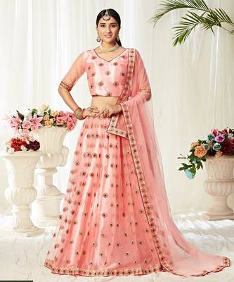 Pink Embroidery & Stone Work Net Semi Stitched Lehenga Set 1
