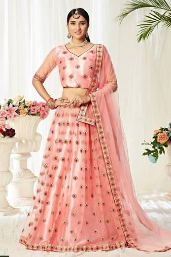 Pink Embroidery & Stone Work Net Semi Stitched Lehenga Set