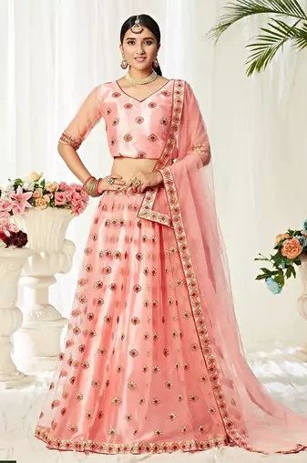 Pink Embroidery & Stone Work Net Semi Stitched Lehenga Set