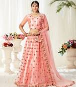Pink Embroidery & Stone Work Net Semi Stitched Lehenga Set