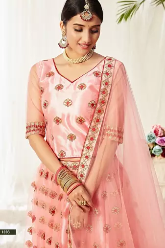 Pink Embroidery & Stone Work Net Semi Stitched Lehenga Set