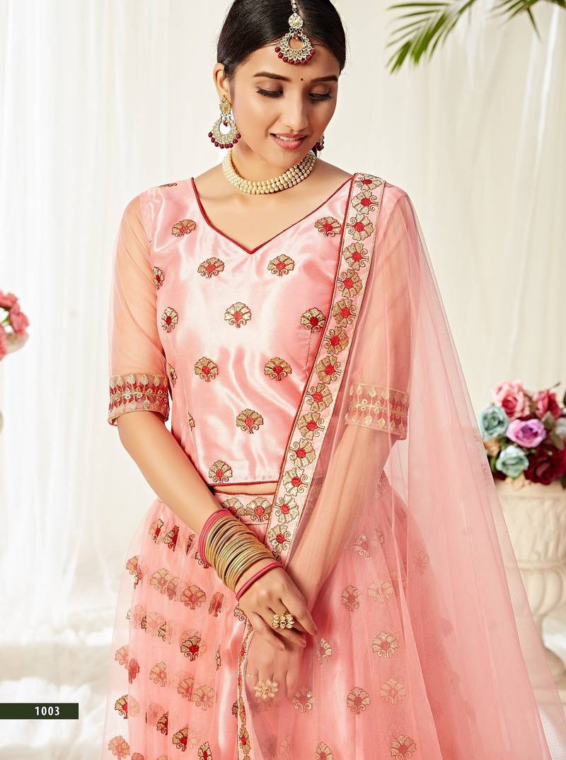 Pink Embroidery & Stone Work Net Semi Stitched Lehenga Set