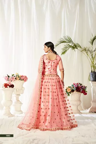Pink Embroidery & Stone Work Net Semi Stitched Lehenga Set