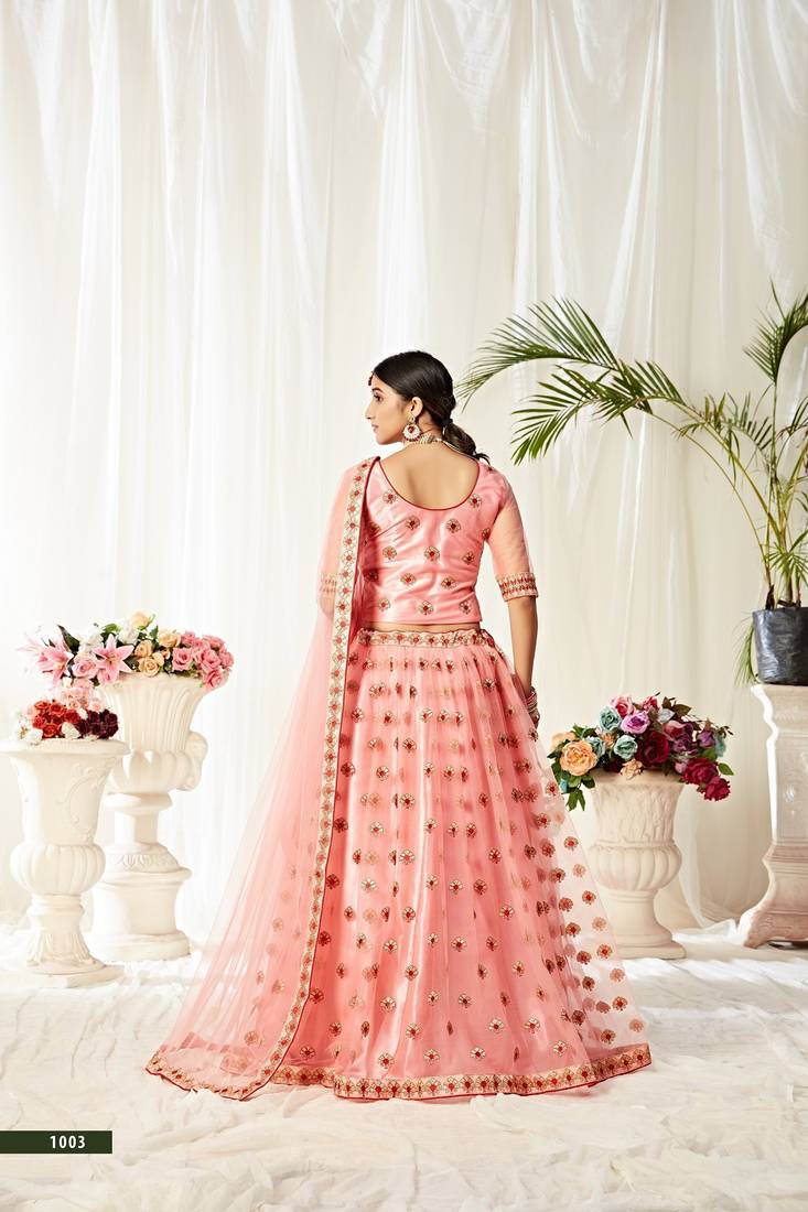 Pink Embroidery & Stone Work Net Semi Stitched Lehenga Set