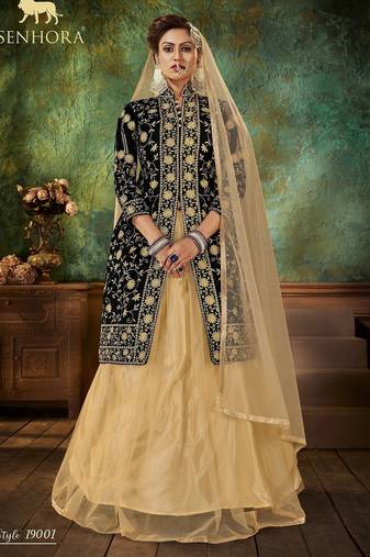 Black Embroidery & Stone Work Net Semi Stitched Lehenga Set