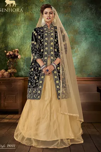 Black Embroidery & Stone Work Net Semi Stitched Lehenga Set