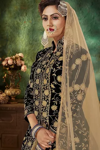 Black Embroidery & Stone Work Net Semi Stitched Lehenga Set
