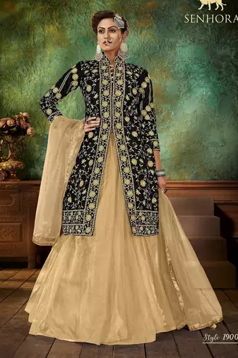 Black Embroidery & Stone Work Net Semi Stitched Lehenga Set