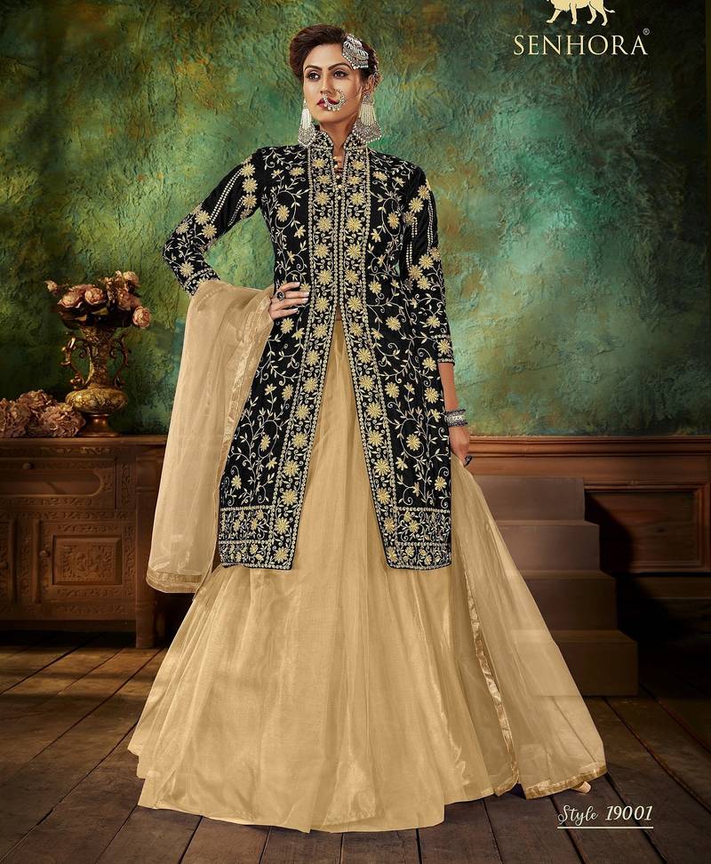 Black Embroidery & Stone Work Net Semi Stitched Lehenga Set