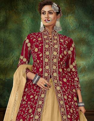 Maroon Embroidery & Stone Work Net Semi Stitched Lehenga Set 2