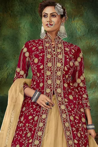 Maroon Embroidery & Stone Work Net Semi Stitched Lehenga Set