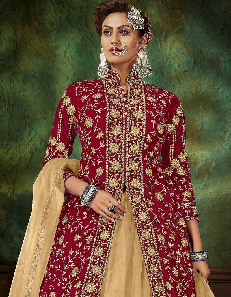 Maroon Embroidery & Stone Work Net Semi Stitched Lehenga Set