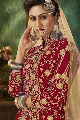 Maroon Embroidery & Stone Work Net Semi Stitched Lehenga Set