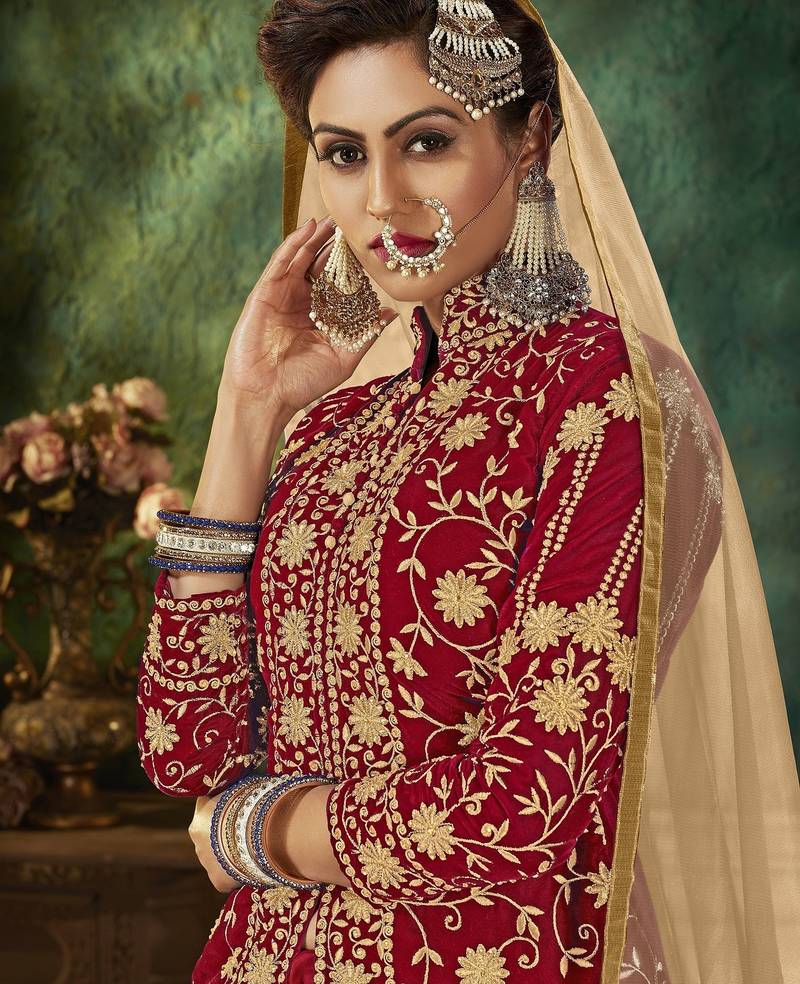 Maroon Embroidery & Stone Work Net Semi Stitched Lehenga Set