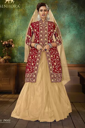 Maroon Embroidery & Stone Work Net Semi Stitched Lehenga Set