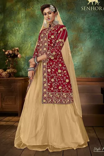 Maroon Embroidery & Stone Work Net Semi Stitched Lehenga Set