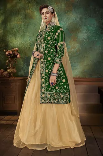 Green Embroidery & Stone Work Net Semi Stitched Lehenga Set