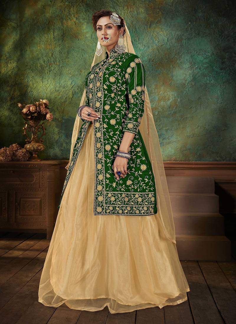 Green Embroidery & Stone Work Net Semi Stitched Lehenga Set