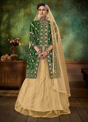 Green Embroidery & Stone Work Net Semi Stitched Lehenga Set 1