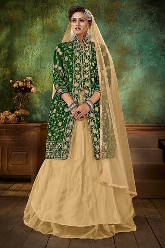Green Embroidery & Stone Work Net Semi Stitched Lehenga Set