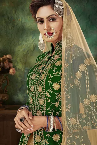 Green Embroidery & Stone Work Net Semi Stitched Lehenga Set