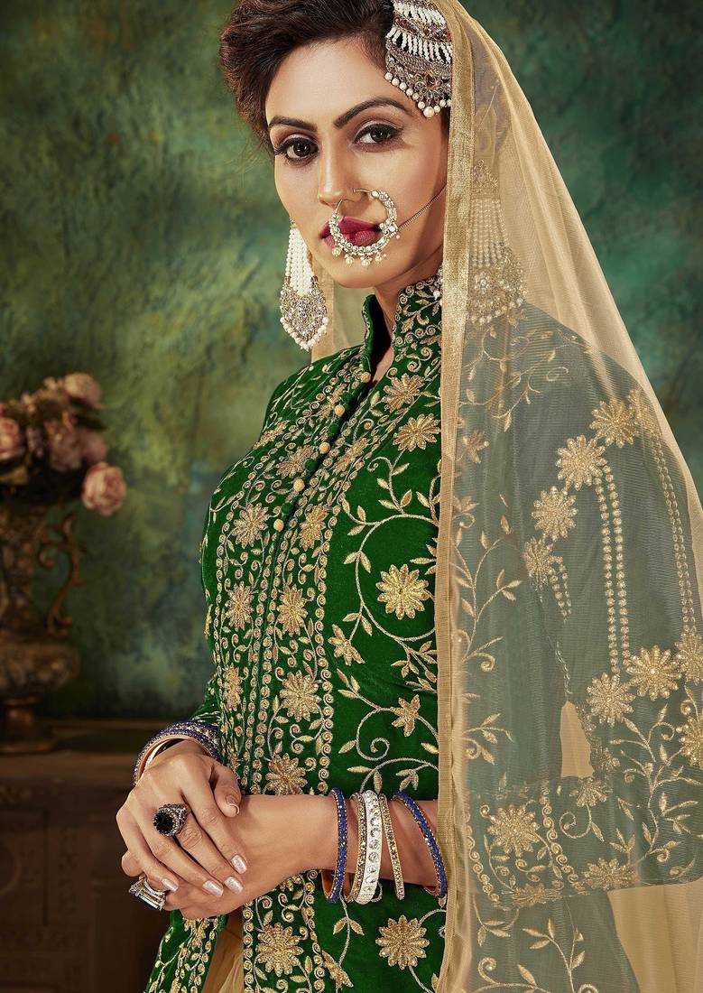 Green Embroidery & Stone Work Net Semi Stitched Lehenga Set