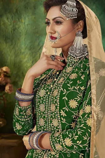 Green Embroidery & Stone Work Net Semi Stitched Lehenga Set
