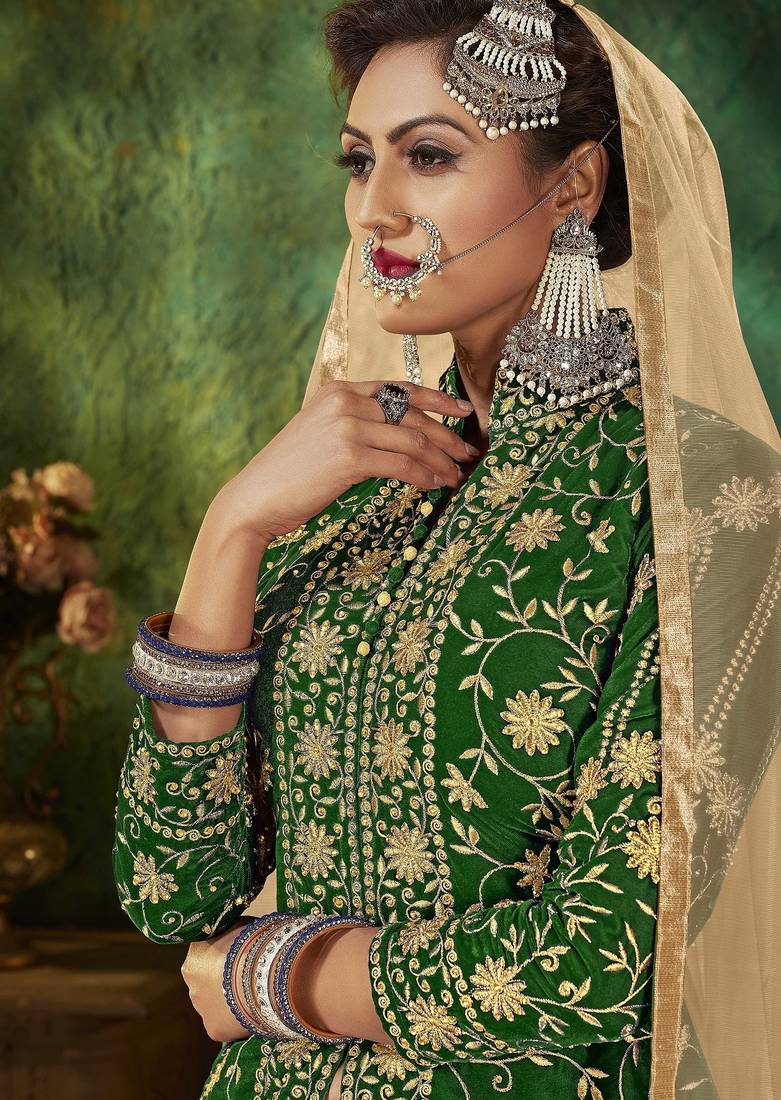 Green Embroidery & Stone Work Net Semi Stitched Lehenga Set