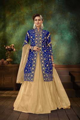 Blue Embroidery & Stone Work Net Semi Stitched Lehenga Set 1