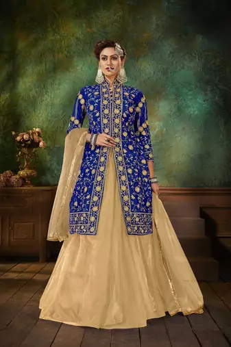 Blue Embroidery & Stone Work Net Semi Stitched Lehenga Set
