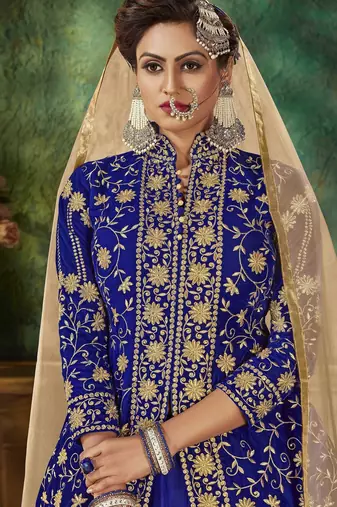 Blue Embroidery & Stone Work Net Semi Stitched Lehenga Set