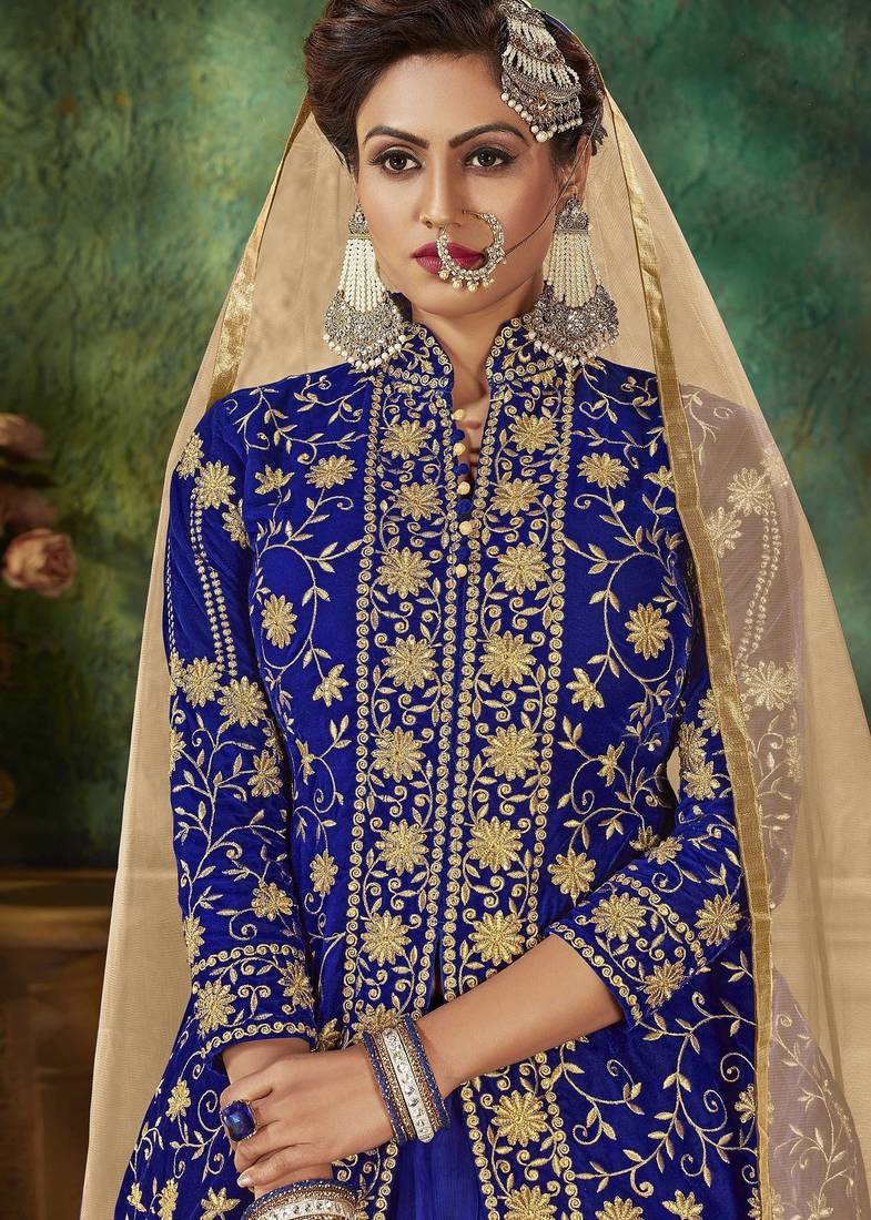 Blue Embroidery & Stone Work Net Semi Stitched Lehenga Set