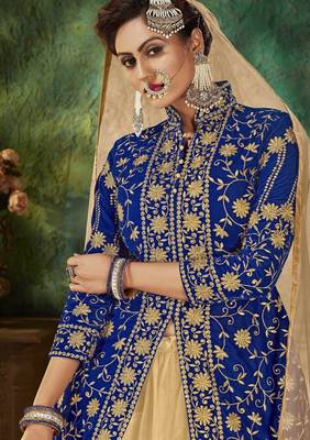 Blue Embroidery & Stone Work Net Semi Stitched Lehenga Set 3
