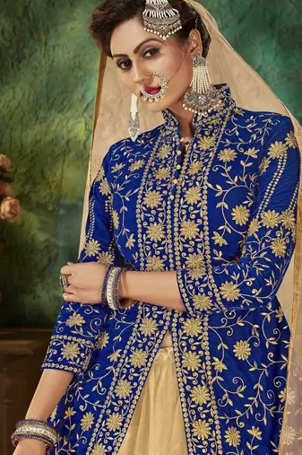 Blue Embroidery & Stone Work Net Semi Stitched Lehenga Set