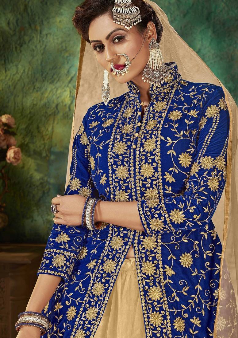 Blue Embroidery & Stone Work Net Semi Stitched Lehenga Set
