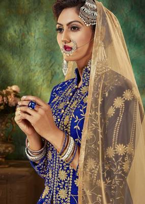 Blue Embroidery & Stone Work Net Semi Stitched Lehenga Set 4