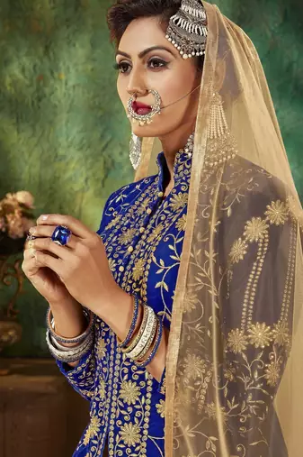 Blue Embroidery & Stone Work Net Semi Stitched Lehenga Set