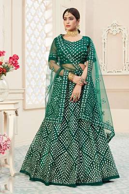 Green Embroidery & Stone Work Net Semi Stitched Lehenga Set 1