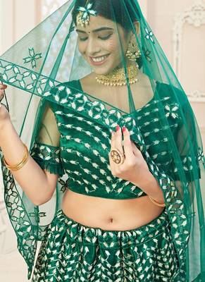 Green Embroidery & Stone Work Net Semi Stitched Lehenga Set 2