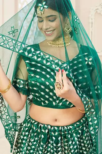 Green Embroidery & Stone Work Net Semi Stitched Lehenga Set