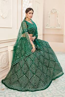 Green Embroidery & Stone Work Net Semi Stitched Lehenga Set 3