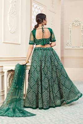 Green Embroidery & Stone Work Net Semi Stitched Lehenga Set 4