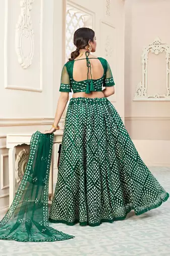 Green Embroidery & Stone Work Net Semi Stitched Lehenga Set