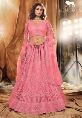 Pink Embroidered & Stone Work Net Semi Stitched Lehenga Set 1