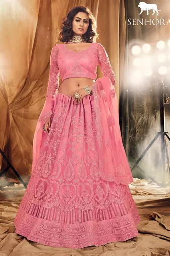 Pink Embroidered & Stone Work Net Semi Stitched Lehenga Set